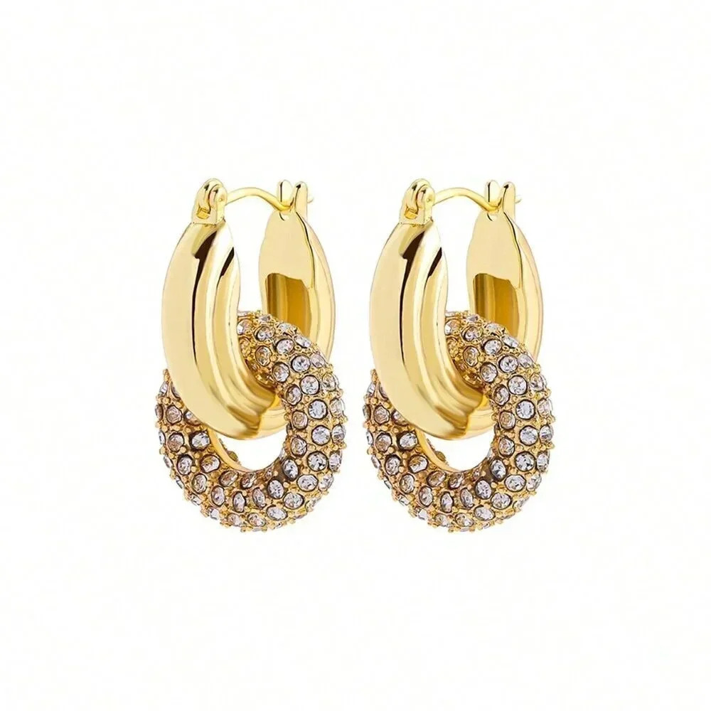 Yellow Gold Women's Gold Color Zinc Alloy Full Diamond Inlaid Hoop Earrings
